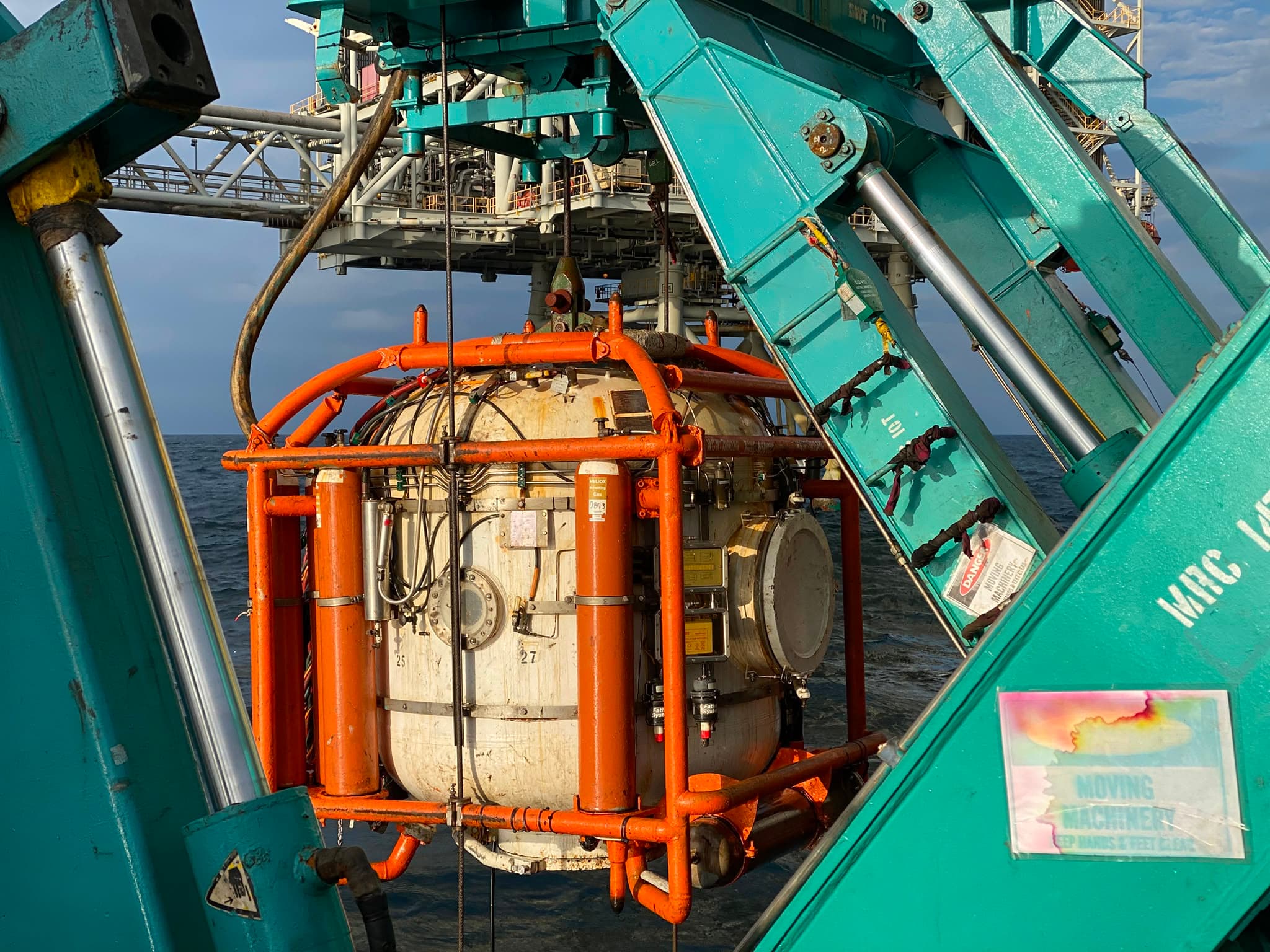 Saturation diving bell being deployed offshore